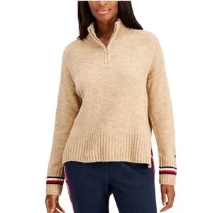 TOMMY HILFIGER Beige/Tan Extremely Soft Mock-Neck 1/4 Zip‎ Sweater Medium | EUC